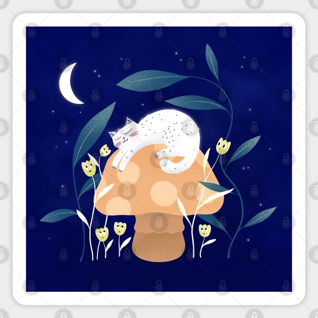 Cute white cat sleeping, mushroom and curious flowers version 2 Sticker by iulistration